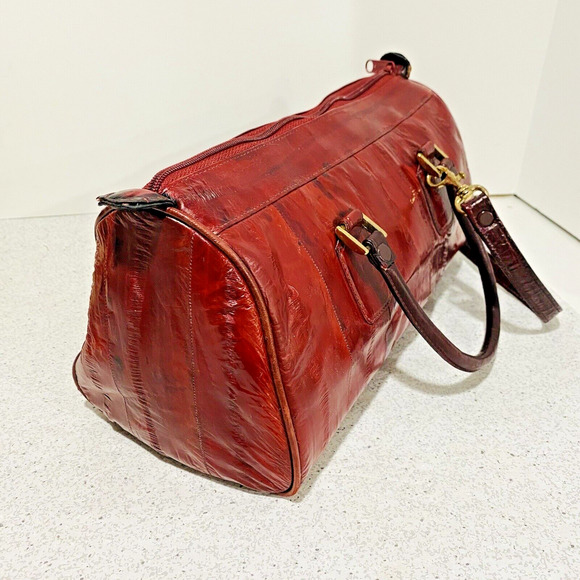 Vintage Red Eel Skin Leather Double Handle Satchel & Shoulderbag Purse Korea - Picture 4 of 12